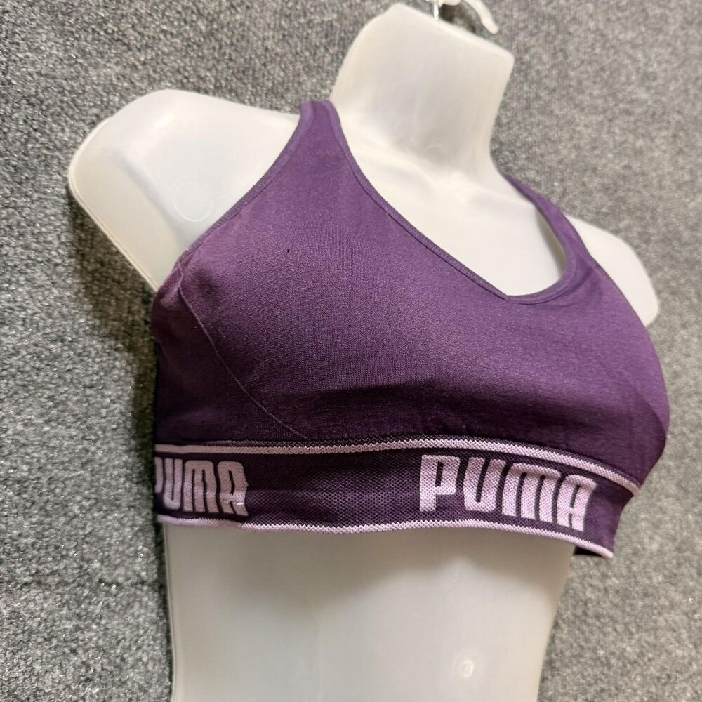 PUMA Sports Bra Womens Small Purple Crossback Logo Elastic Pullover Top Athletic - Picture 3 of 4